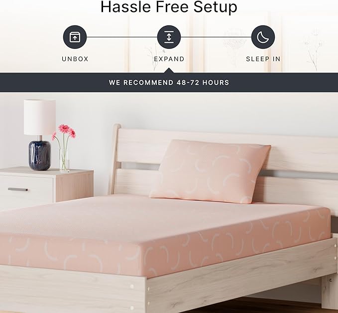 Signature Design by Ashley Twin Size iKidz 7 Inch Firm Gel Memory Foam Mattress with Stretch Knit Cover & Pillow Included, Pink Coral, Fiberglass Free, Mattress in A Box