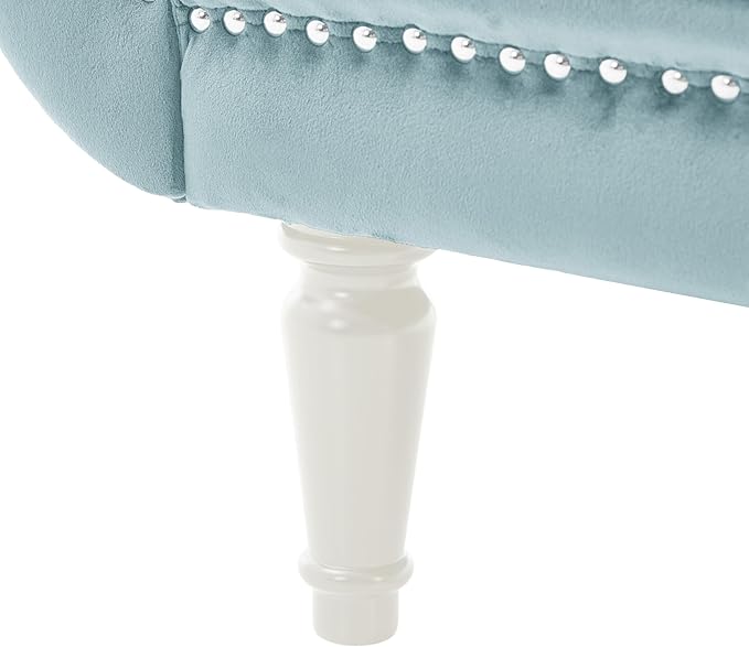 Christopher Knight Home Aurora Velvet Chaise Lounge Indoor with 2 Bolster Pillows, Upholstery Entryway Bench with Nailhead Trim & Curved Arms, End of Bed Bench Ottoman and Wooden Legs, Light Blue