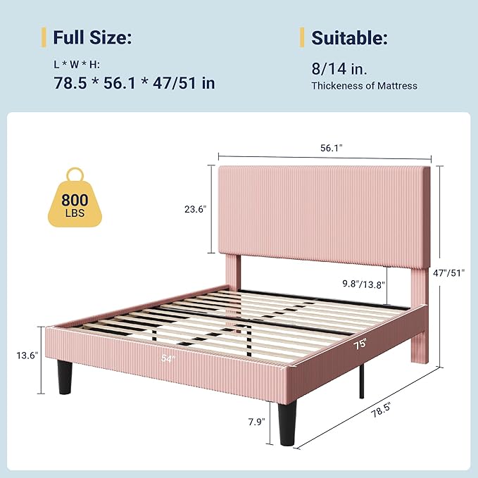 Allewie Full Size Upholstered Bed Frame with Vertical Channel Tufted Headboard, Soft Corduroy Fabric Platform Bed, Strong Wooden Slats Support, Easy Assembly, No Box Spring Needed, Light Pink
