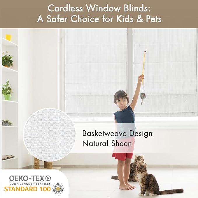 Madison Park Galen Cordless Roman Shade, 27"W x 64"H, Sheen White – Room Darkening, Thermal Insulated, Energy Efficient Window Blind with Subtle Sheen Basketweave Fabric for Privacy