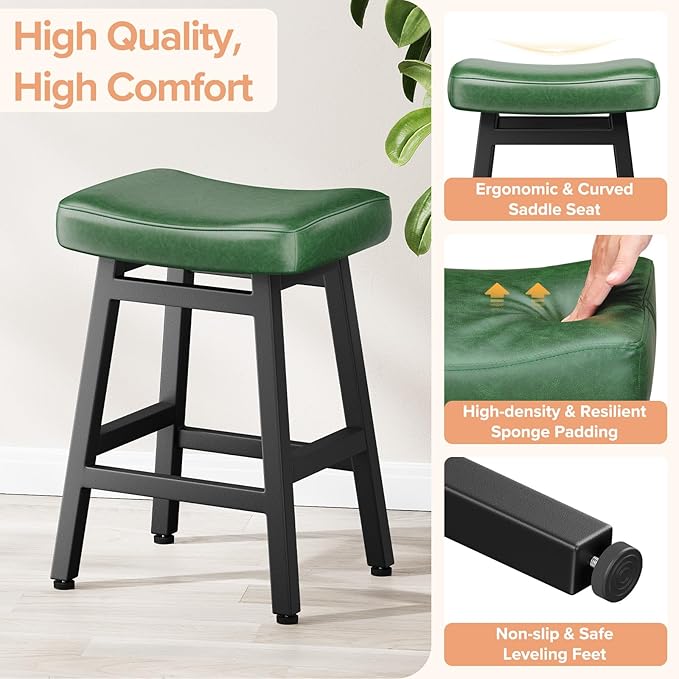 Counter Height Bar Stools Set of 2, 24 Inch Barstools for Kitchen Counter, Kitchen Stools with Faux Leather Saddle Seats & Heavy Duty Metal Legs, Easy Assembly, Forest Green