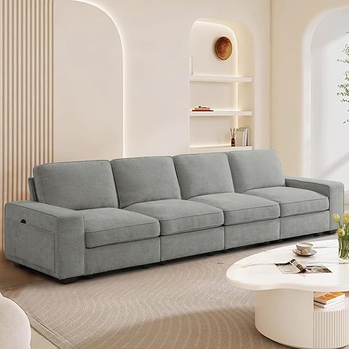 TEKAMON 128" Modular Sofa Couch with Seat Storage, Chenille Sofa，Modern Comfy 4-Seater Couch for Living Room, Office, Apart W/Deep Seat, Wide Armrest, USB, Pockets, Removable Covers (Light Grey)