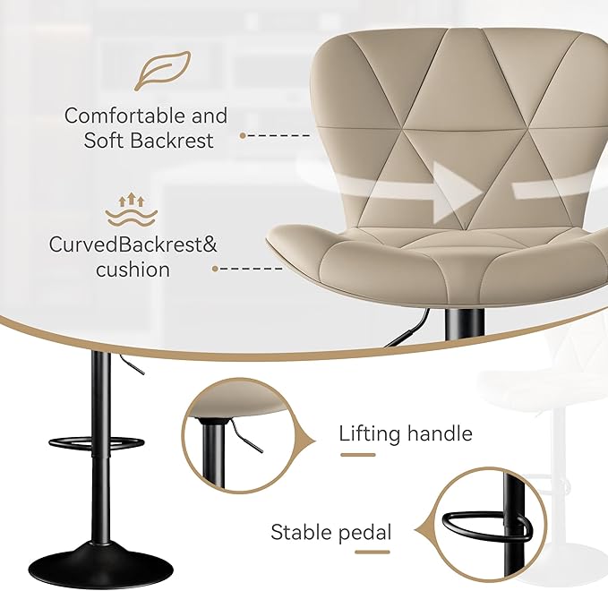 Bar Stools Set of 3,Adjustable Swivel Barstools, Faux Leather Bar Chairs,Upholstered Counter Height with High Backrest for Kitchen Island, Khaki