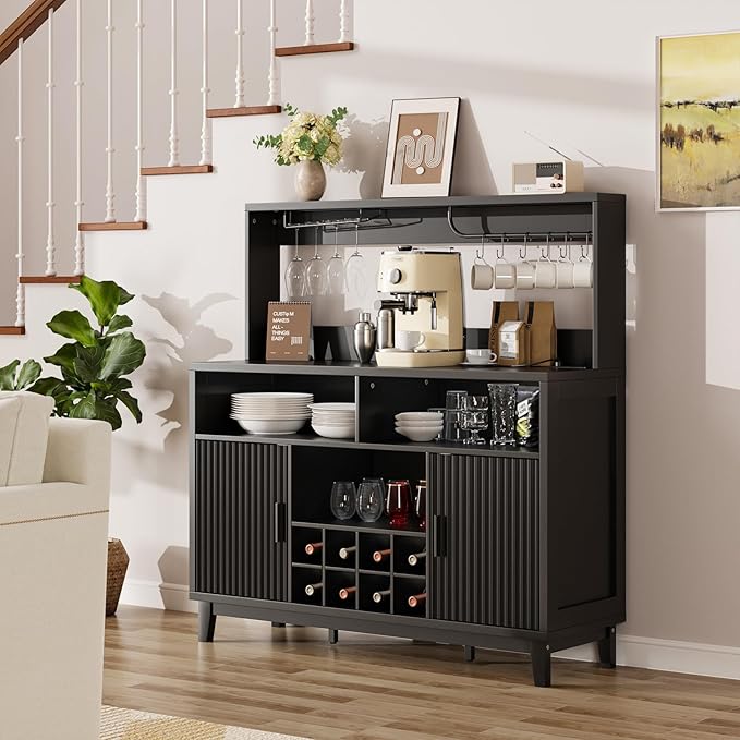 Fluted Buffet Cabinet with Storage, Modern Coffee Bar Cabinet with Outlet, Wine Rack, Cup Holder, Multi-Functional Accent Liquor Cabinet for Living Room, Entryway, Kitchen, Black