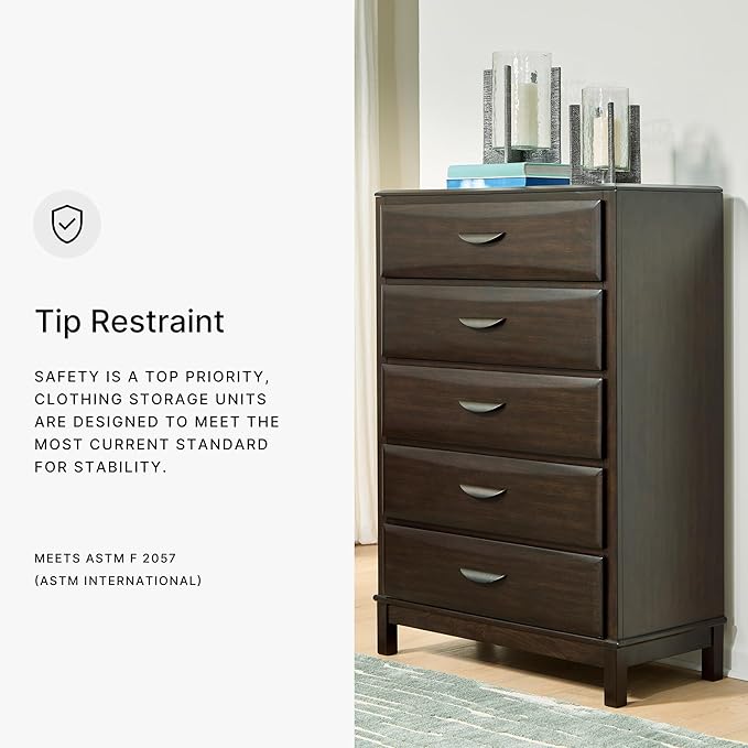 Signature Design by Ashley Vanmore Contemporary 5-Drawer Chest with Felt-Lined Top Drawer and Easy Glide for Bedroom, Dark Brown