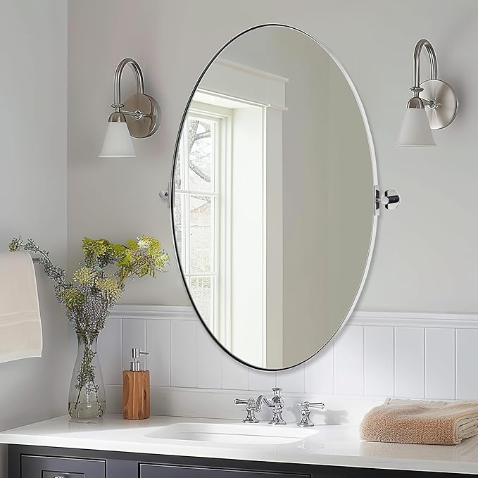 ANDY STAR Oval Bathroom Mirror, 22" x 34" Chrome Stainless Steel Metal Frame Pivoting Mirror for Over Sink with Adjustable Tilting Design, Vanity Mirror for Modern Wall
