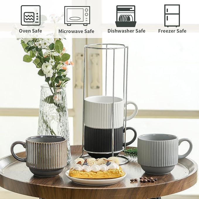 Ceramic Coffee Mugs with Stand,15 Ounce Stackable Coffee Cups Set of 4 for Latte,Cappuccino,Mocha,Cocoa,Ribbed Vintage Coffee Cups for Men Women,Dishwasher & Microwave Safe,Ribbed Multicolor