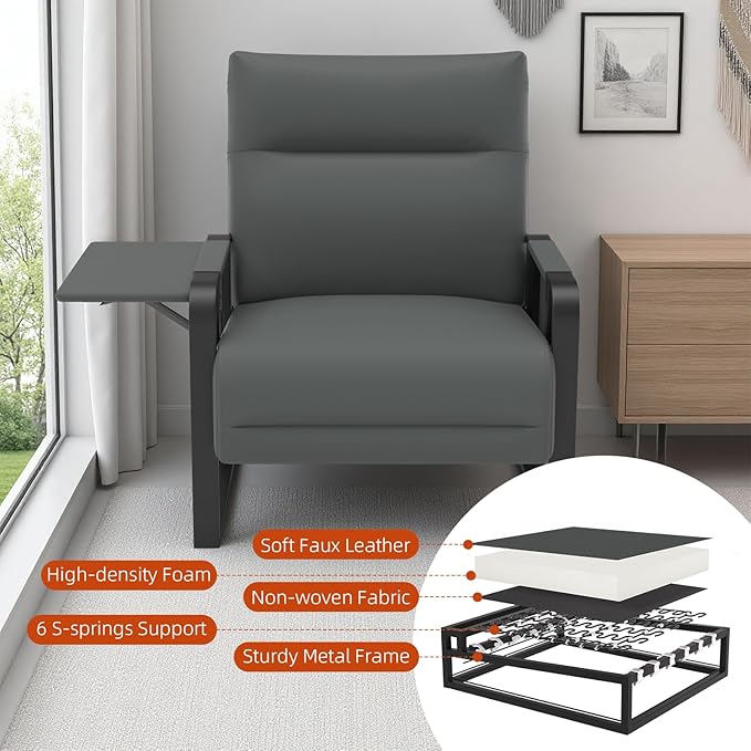 Upholstered Accent Chairs Set of 2, Modern Faux Leather Sofa Chairs with Foldable Side Tray Table & Storage Pocket, Small Accent Sofas for Living Room, Bedroom, Gray