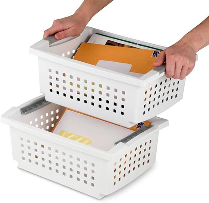 Sterilite Stackable Storage Bin and Organization Basket with Flip Down Accent Rails for Home and Household Organization, Medium, White (30 Pack)