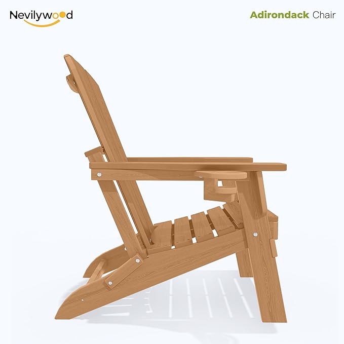 nevilywood Folding Adirondack Chair - Extended Ergonomic Backrest, Cup Holder - Easy Assembly - Durable HDPE Plastic, Weather Resistant & Maintenance-Free - Lawn, Patio, Deck Supports 380lbs Teak
