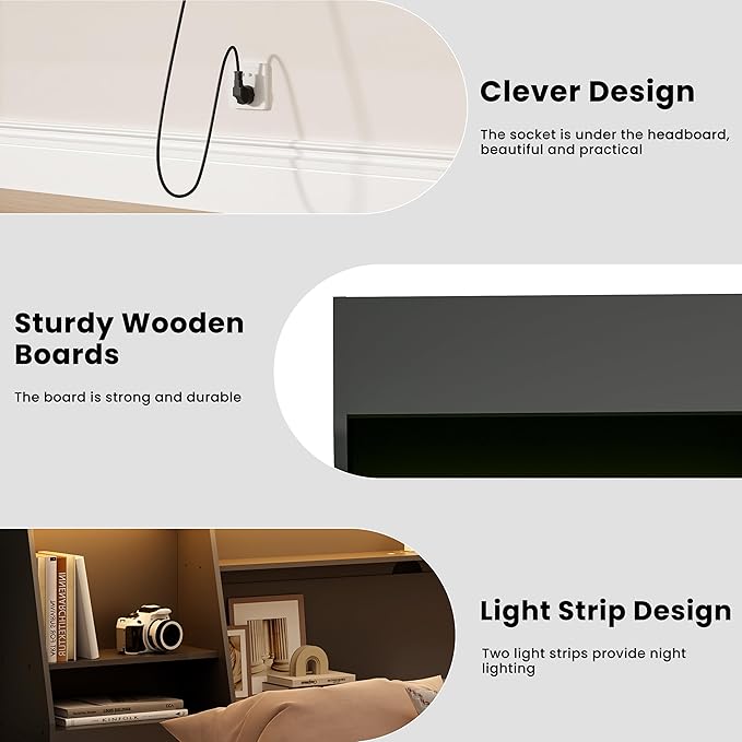 Queen/Full Headboard Queen Size with Storage, Wood Bookcase Headboard with Charging Station & 2 LED Lights, Modern Headboard Only for Queen Size Bed, Noise-Free, Sturdy and Durable, Black