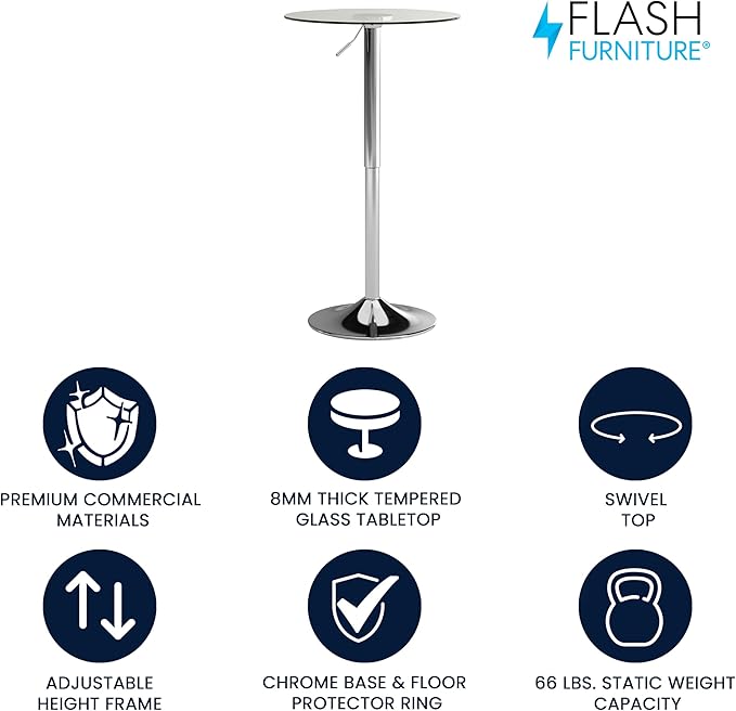 Flash Furniture Chad 23.5'' Round Glass Cocktail Table with Adjustable Height Frame, Bar Height Table for Commercial or Residential Use, Clear/Chrome