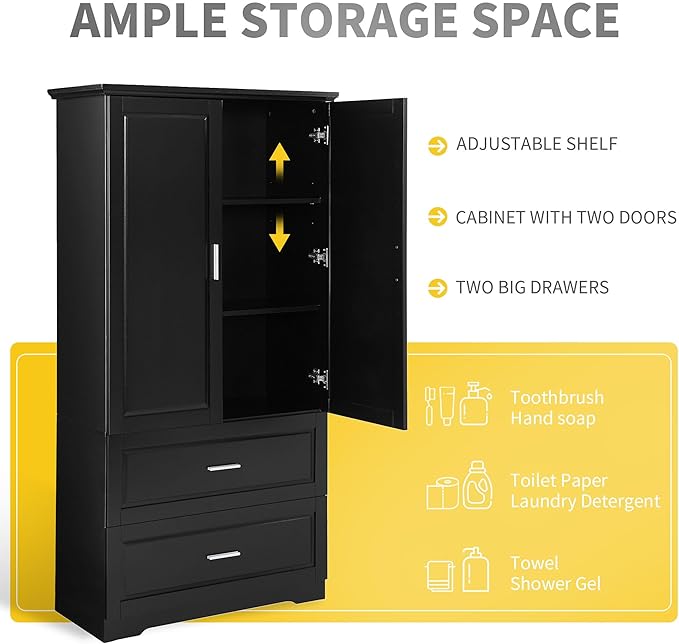 Tall Storage Cabinet, Bathroom Floor Freestanding Storage Cabinet with 2 Doors and 2 Drawers for Bathroom, Office, Living Room, Black
