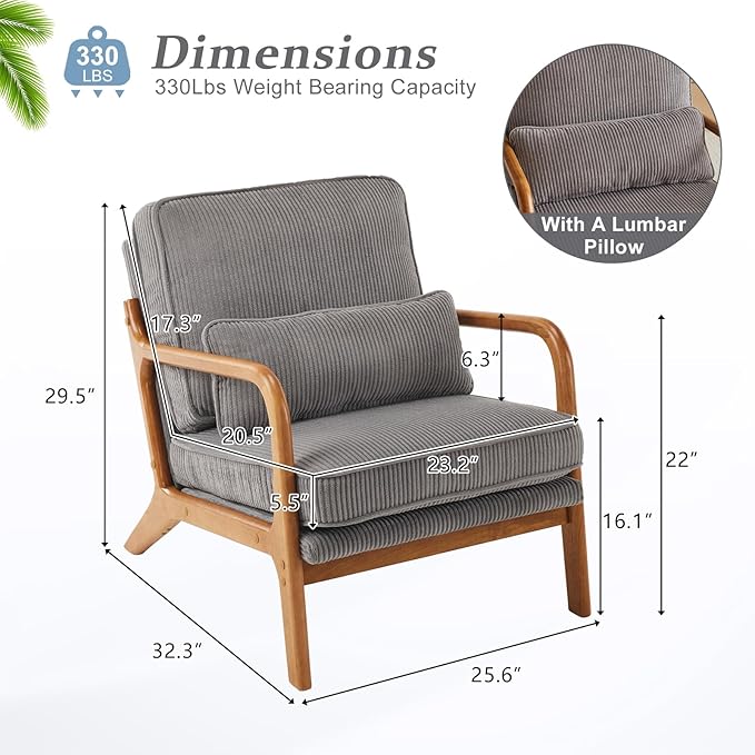 VINGLI Upgraded Premium Corduroy Accent Chair,Upholstered Arm Chair,Solid Wood Comfy Reading Chair with Lumbar Pillow, Mid Century Modern Chairs for Living Room,Bedroom,Guest Room,Light Grey