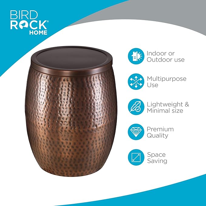 BIRDROCK HOME 20 in Metal Storage Side Table | Hammered | 15.96 in D | End Tables | Home Furniture | Removable Lid | Copper Antique