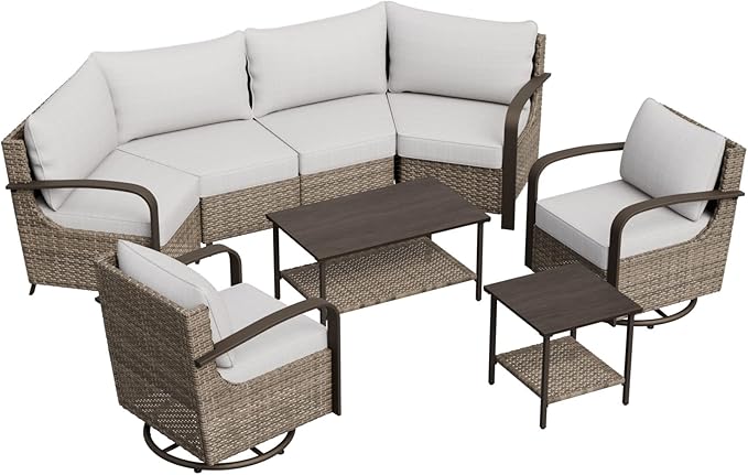 COOS BAY Aurora Terrace Half-Moon Outdoor Furniture Set, Rattan Conversation Set with Swivel Rockers, Curved 4-Seat Sofa, Coffee Table & Side Table, Seats 6, Beige/Beige