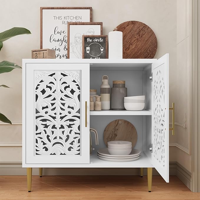 ARTPOWER Accent Cabinet with 2 Doors, Vintage Hollow Carving Buffet Cabinet, Sideboards and Buffets with Storage, Credenza for Living Room, Kitchen, Dining Room, Entryway, Hallway, White