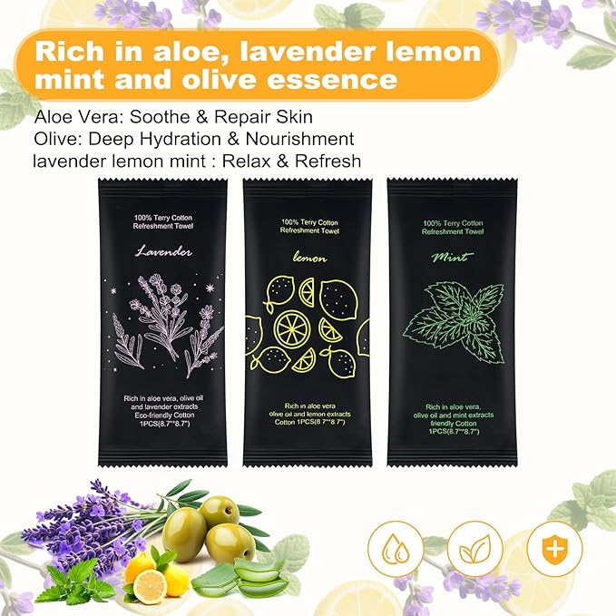 Moist Cotton Towel Bulk Moist Towelettes Individually Wrapped 8.7" x 8.7",White Towel Services,Refreshment Pre Moistened Towels Lavender, Lemon and Mint for Sport Party Spa （pack of 30)