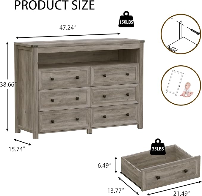 Dresser for Bedroom with 6 Drawers, Wide Chest of Drawers with LED Light and Power Outlet, Wooden Closet Organizer Clothes Storage Cabinet, Modern Double Dressers for Living Room, Hallway, Grey
