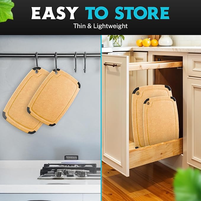 Dishwasher Safe Cutting Boards for Kitchen - 2 Piece Large Composite Wood Cutting Board Set with Non-Slip Feet and Juice Groove (14.5" x 11" and 11.7" x 9.3") - Thin, Lightweight, Eco-Friendly