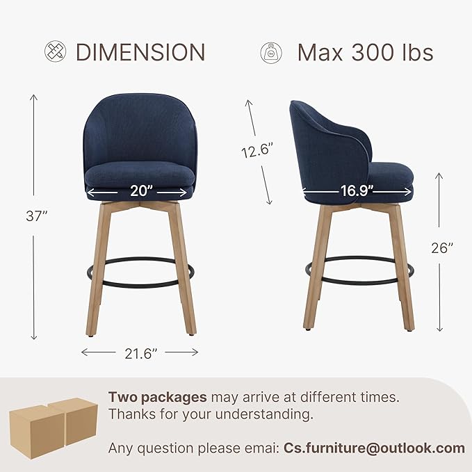 Counter Height Barstools 26 inch Upholstered Swivel Bar Stools with Back and Wood Legs for Kitchen Island,Set of 4,Blue Fabric