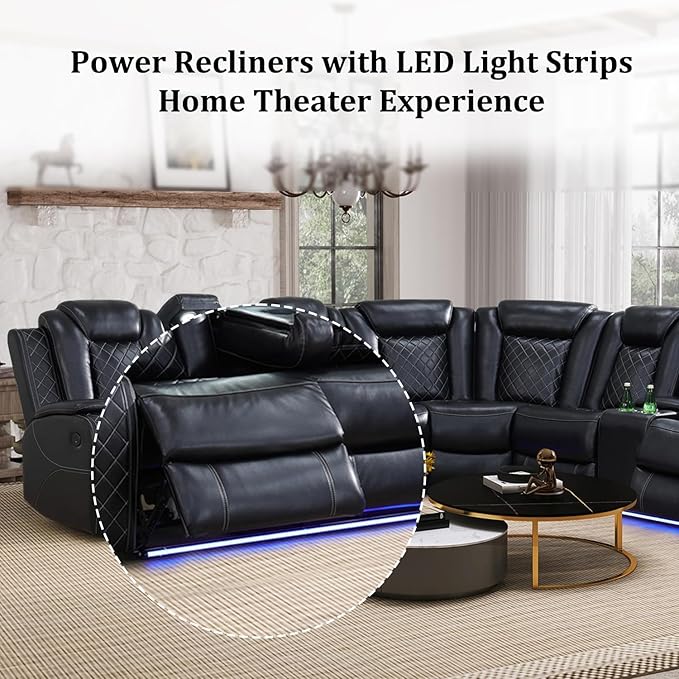Power Recliner Sectional Couch with LED, Leather Reclining Sofa for Living Room, Muti-Functional Recliner Corner Sectional with Storage Console/Cup Holders/USB Ports (Black, SECTIONAL & CHAIR)