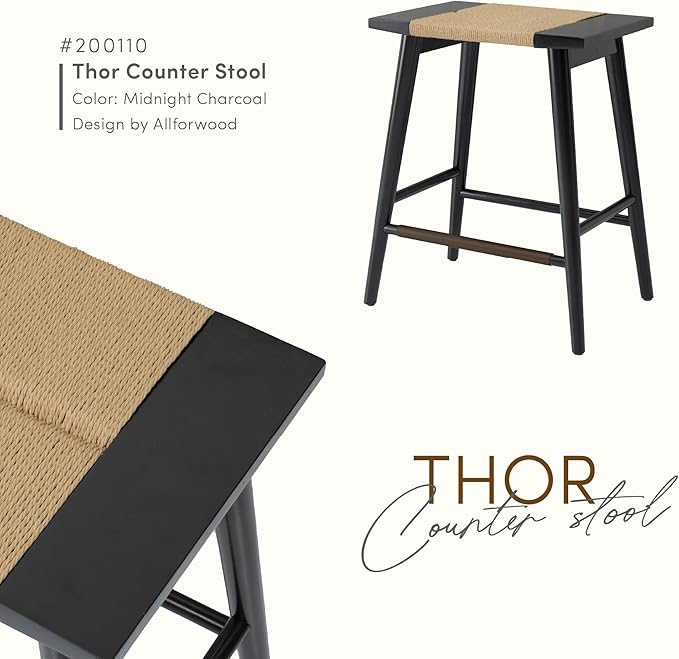 Thor Wicker Premium Solid Wood Counter Stool 24", Backless Counter Height Seating with Hand-Knitted Rope, Eco-Friendly Modern Design (Midnight Charcoal)