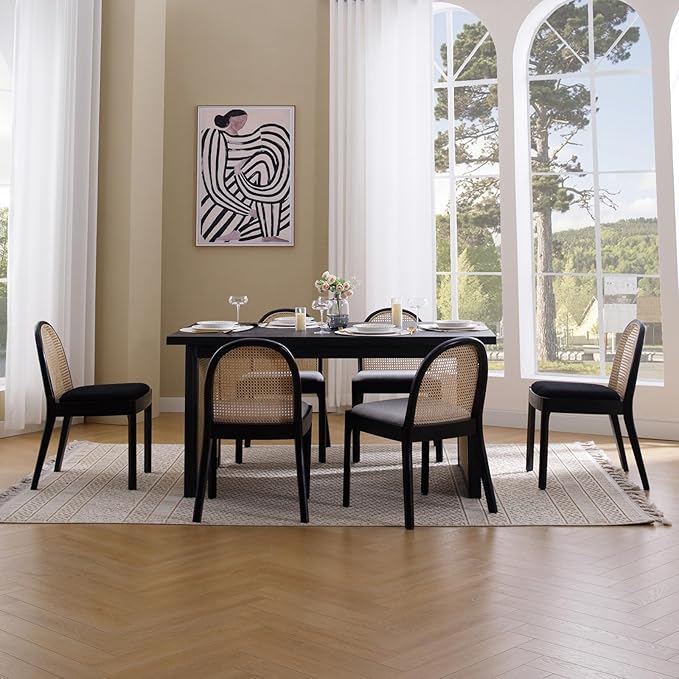 Rattan Dining Chairs Set of 6, Modern Dining Room Chairs with Cane Back Comfy Accent Sherpa Chair Upholstered Boucle Chair for Kitchen/Restaurant/Living Room, Black