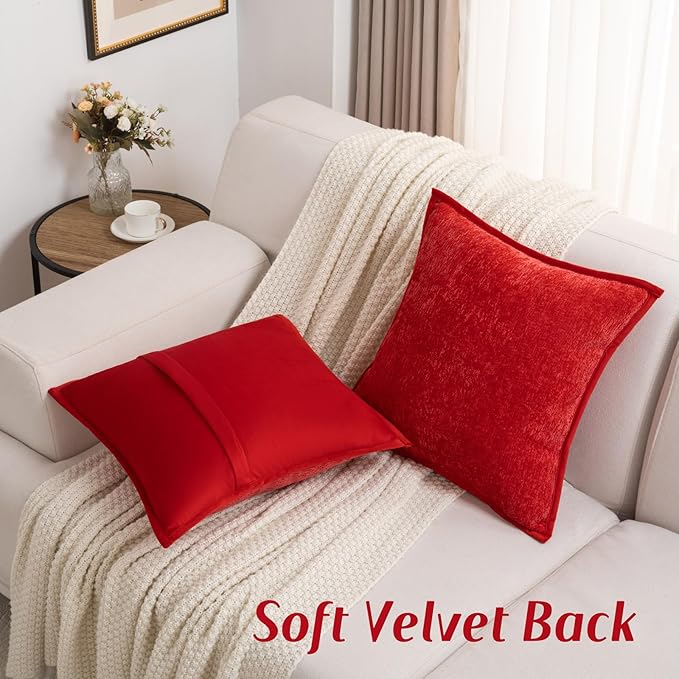 FUTEI Christmas Red Chenille Throw Pillow Covers 24x24 Inch Set of 2,Soft Cozy Bound Edge Design European Cushion Cover,Home Decor for Couch Bed Living Room