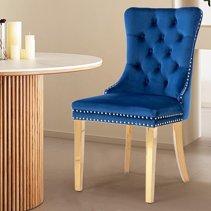 Velvet Upholstered Dining Chairs Set of 6, Modern Style Kitchen Side Chairs with Nailhead Trim and Gold Plated Leg, Metal Pulling Ring for Dining Room Living Room(Blue-Gold Plated Leg)