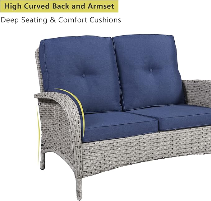 HUMMUH 4-Piece Patio Furniture Wicker Outdoor Conversation Set,All-Weather Rattan Outdoor Bistro Set with Loveseat Chairs Coffee Table for Backyard,Poolside,Deck