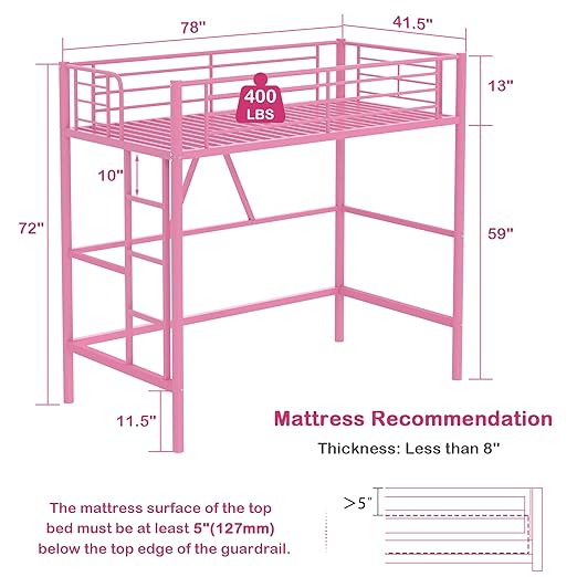 VECELO Metal Loft Bed Twin Size, Heavy Duty Bedframe with Removable Ladder and Safety Guardrail, Space-Saving, Noise Free, No Box Spring Needed, Light Pink