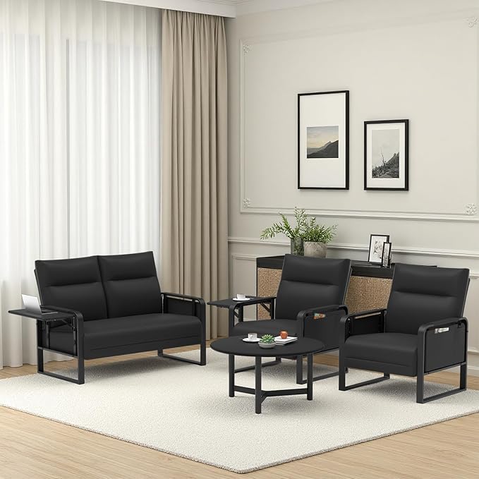 3-Piece Living Room Sofa Set, Faux Leather Loveseat & Accent Chairs Set of 2 with Foldable Tray Table & Storage Pocket, Upholstered Sofa Set for Small Spaces, Office, Black
