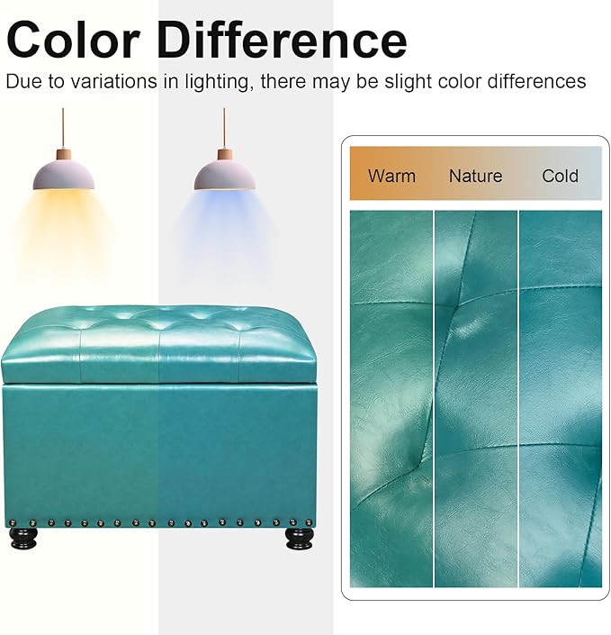 Leather Storage Ottoman Bench with Nailhead Trim Chests, Rectangle 24 Inch Foot Rest Ottomans Stool for Living Room Bedroom (Teal Blue)