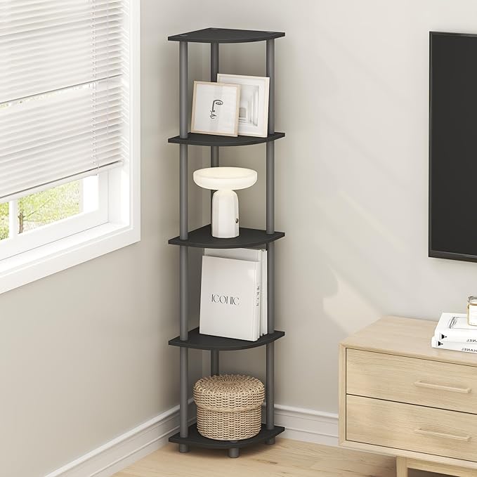 Furinno Turn-N-Tube Corner Shelf, 5-Tier Corner Bookshelf, Open Storage Shelves, for Organization and Storage, Living Room, Home Office, Garage, Bedroom, Plain Black