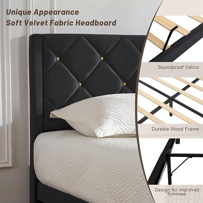 Full Size Platform Bed Frame with Velvet Upholstered Headboard and Sturdy Wooden Slats Support,Mattress Foundation，Easy Assembly, No Box Spring Needed,Slip Resistant (Black, Full)