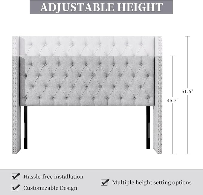 Lucky Monet Linen Upholstered Headboard Queen Size (Headboard Only), Nail Head Trim Wingback Tufted Button Headboard Luxury Soft Padded Head Board with Durable Metal Legs, Adjustable Height, Grey