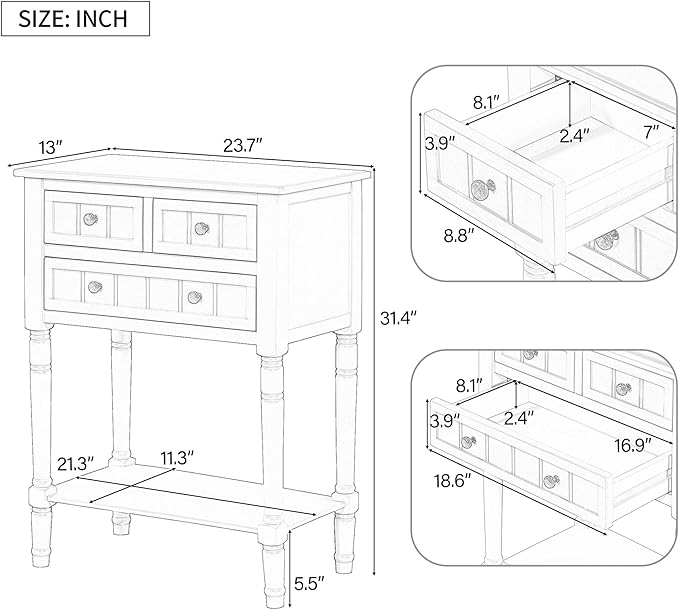 Knocbel Slim Antique Entry Console Table with 3 Drawers & Bottom Open Shelf, Solid Wood Narrow Sofa Couch Table for Entryway Hallway Living Room 23.7" W x 13" D x 31.4" H Beige