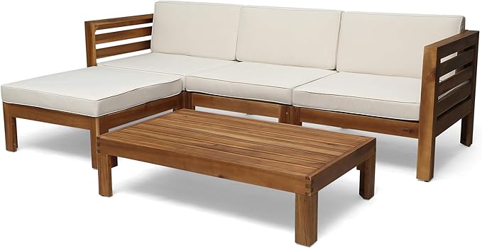 Christopher Knight Home Alice Outdoor 5 Piece Acacia Wood Sofa Set, Teak Finish, Beige