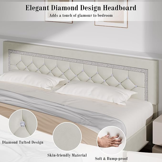 BarnFurin King Bed Frame with Diamond Tufted Headboard, Faux Leather Upholstered Bed with Wooden Slats Support, No Box Spring Needed, Mattress Foundation, Easy Assembly, Cream