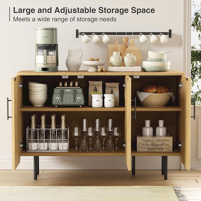 Modern Fluted Natural Storage Cabinet with 3 Doors, Adjustable Shelves, and Metal Legs, Accent Buffet Sideboard for Living Room, Dining Room, Entryway (Natural & Black)