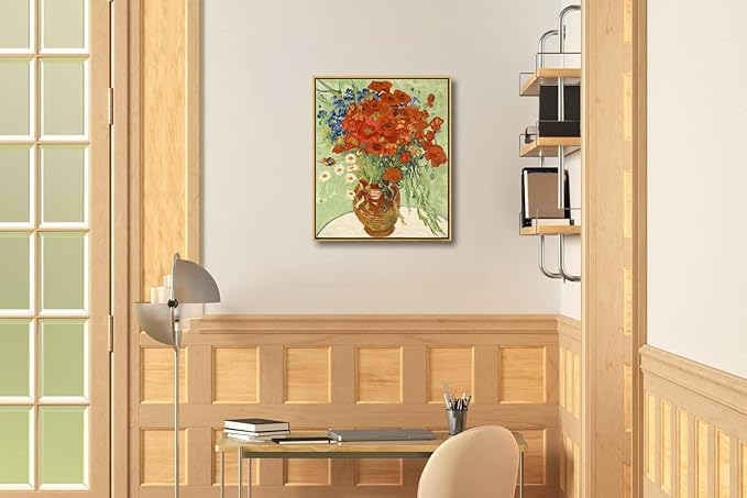 Wieco Art Framed Wall Art of Red Poppies and Daisies by Vincent Van Gogh Paintings Reproduction Abstract Canvas Prints for Home Living Room Decorations Bronze Gold Frame