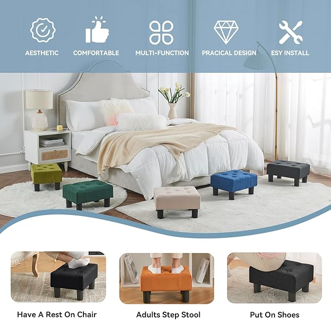 Poofzy Small Foot Stool Ottoman, Linen Ottoman Foot Rest with Legs, Rectangle Foot Rest for Couch, Footstools and Ottomans Small for Living Room and Entryway (Black)