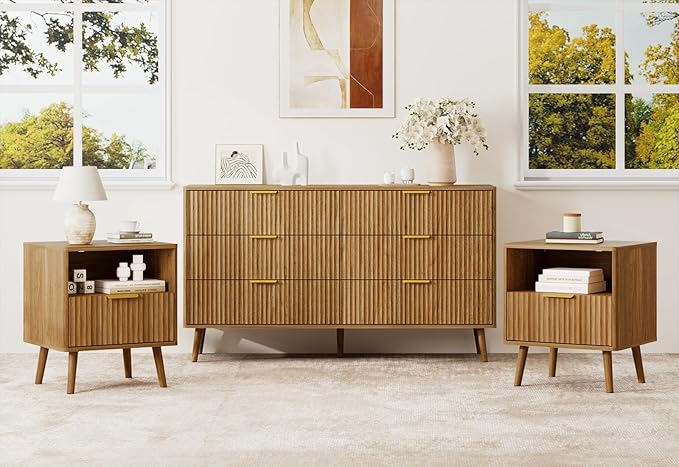 LYNSOM Fluted Dresser and Nightstand Sets 3 Piece, 6-Drawers Dresser and 1-Drawer Nightstands Set of 2, Wood Bedroom Furniture Set for Home, Bedroom, Hallway, Natural Oak
