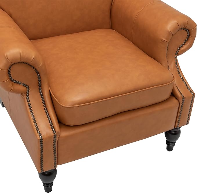 Accent Chair,22.4" Seat Depth Living Room Chair,36.6W*34.3D*34.6H Armchair with Roll Arms and Wood Legs,Set of 2,Faux Leather in Brown