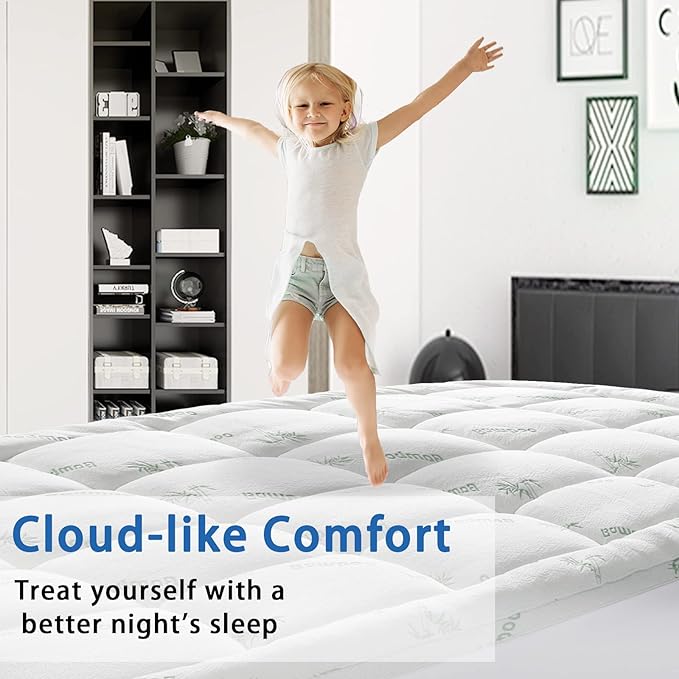 Mattress Topper Full Size, Cooling Extra Thick Breathable Viscose Made from Bamboo Mattress pad, Soft Quilted Fitted Mattress Cover with 1000 GSM Down Alternative Fill (8-21”Deep Pocket)