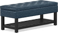 SIMPLIHOME Cosmopolitan 44 inch Wide Transitional Rectangle Storage Ottoman Bench with Open Bottom in Denim Blue Vegan Faux Leather, Assembled for the Living Room and Bedroom