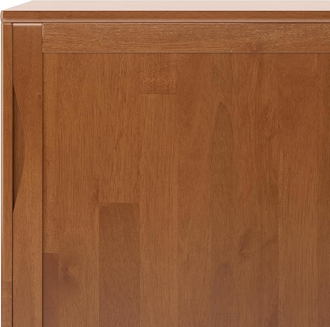 SIMPLIHOME Harper Medium Storage Cabinet - 48 inch Wide Solid Hardwood Sliding Door Cabinet in Teak Brown, Mid-Century Modern Cupboard for Living Room or Entryway with 3 Drawers and Tapered Legs