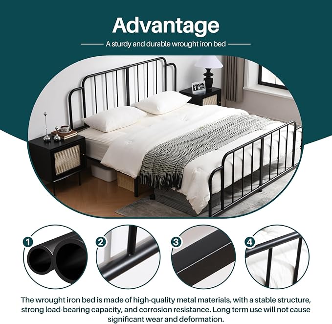 PINJU Metal Platform Bed Frame with Headboard and Footboard, Classic Style, Sturdy Metal Slats, No Box Spring Needed, Easy Installation (Black, King)