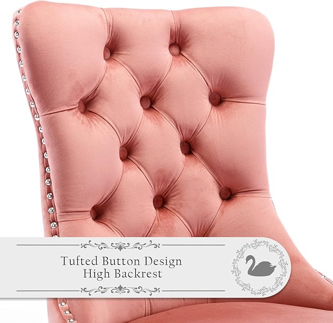 Velvet Upholstered Dining Chairs Set of 6, Modern Style Kitchen Side Chairs with Nailhead Trim and Wood Legs,Metal Pulling Ring for Dining Room Living Room(Pink)